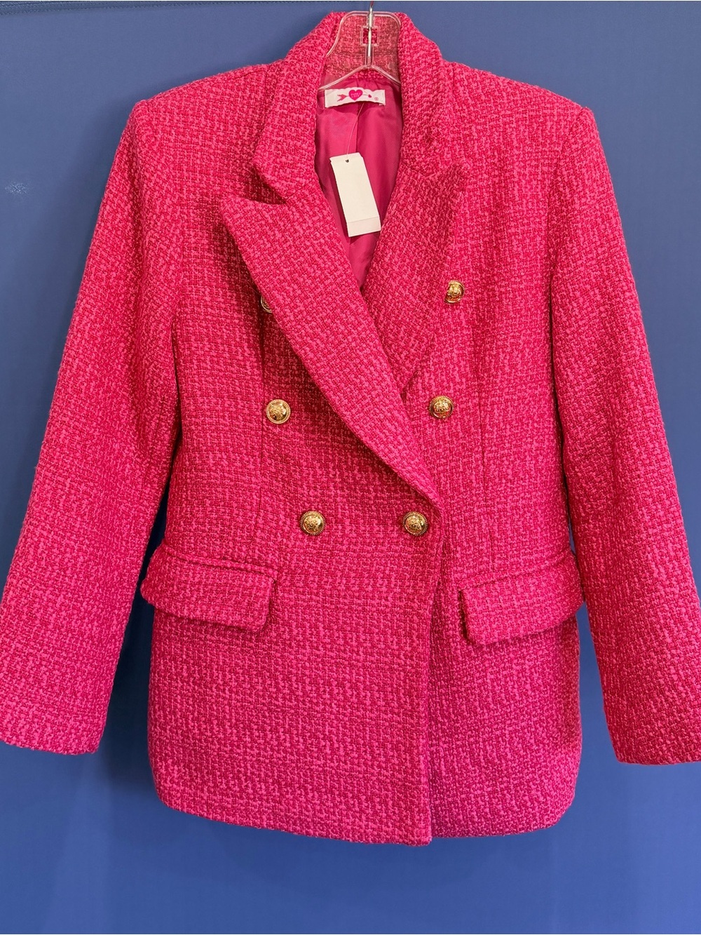 NWT BuddyLove Hot Pink Tweed Gold Button Statement Blazer S